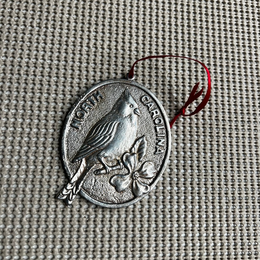 North Carolina State Souvenir Ornament Silver Tone Metal Cardinal Bird Flower